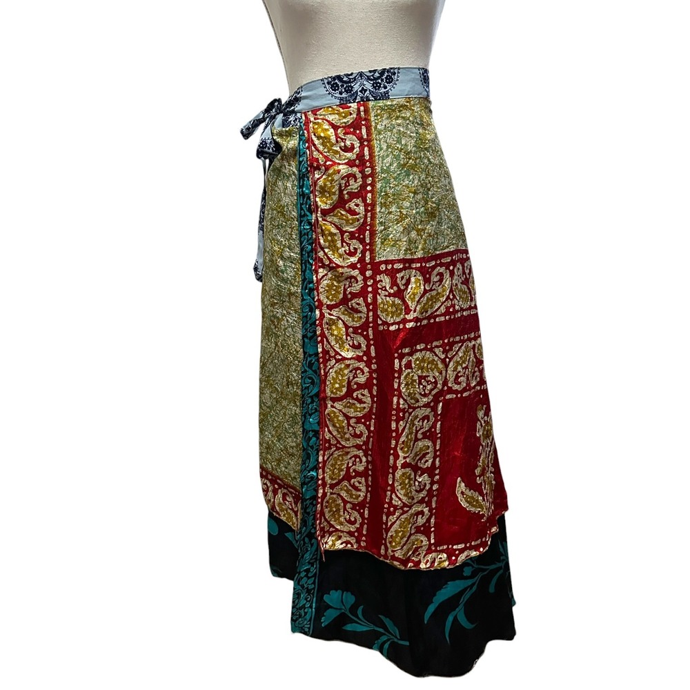 Women's 100% Silk Indian Tie Wrap Maxi Skirt Multicolor Boho Hippie Festival